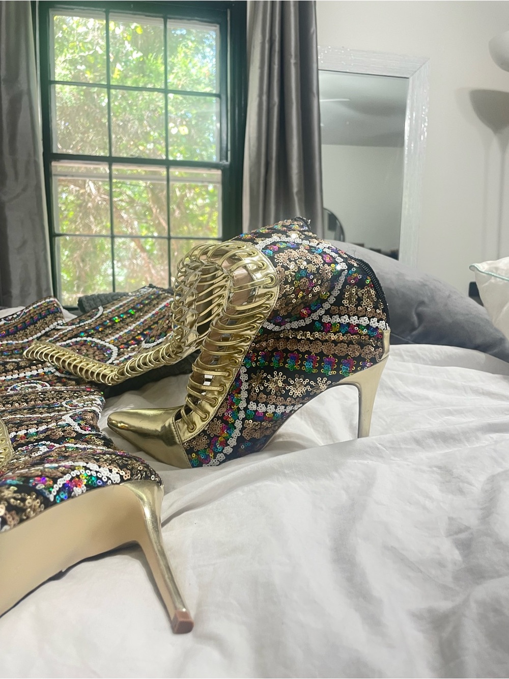 Embellished Gold High-Stiletto Thigh Boots - Multi Sequins - Picture 6 of 10